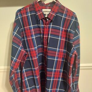 Express Men's Red and Blue Plaid Shirt
